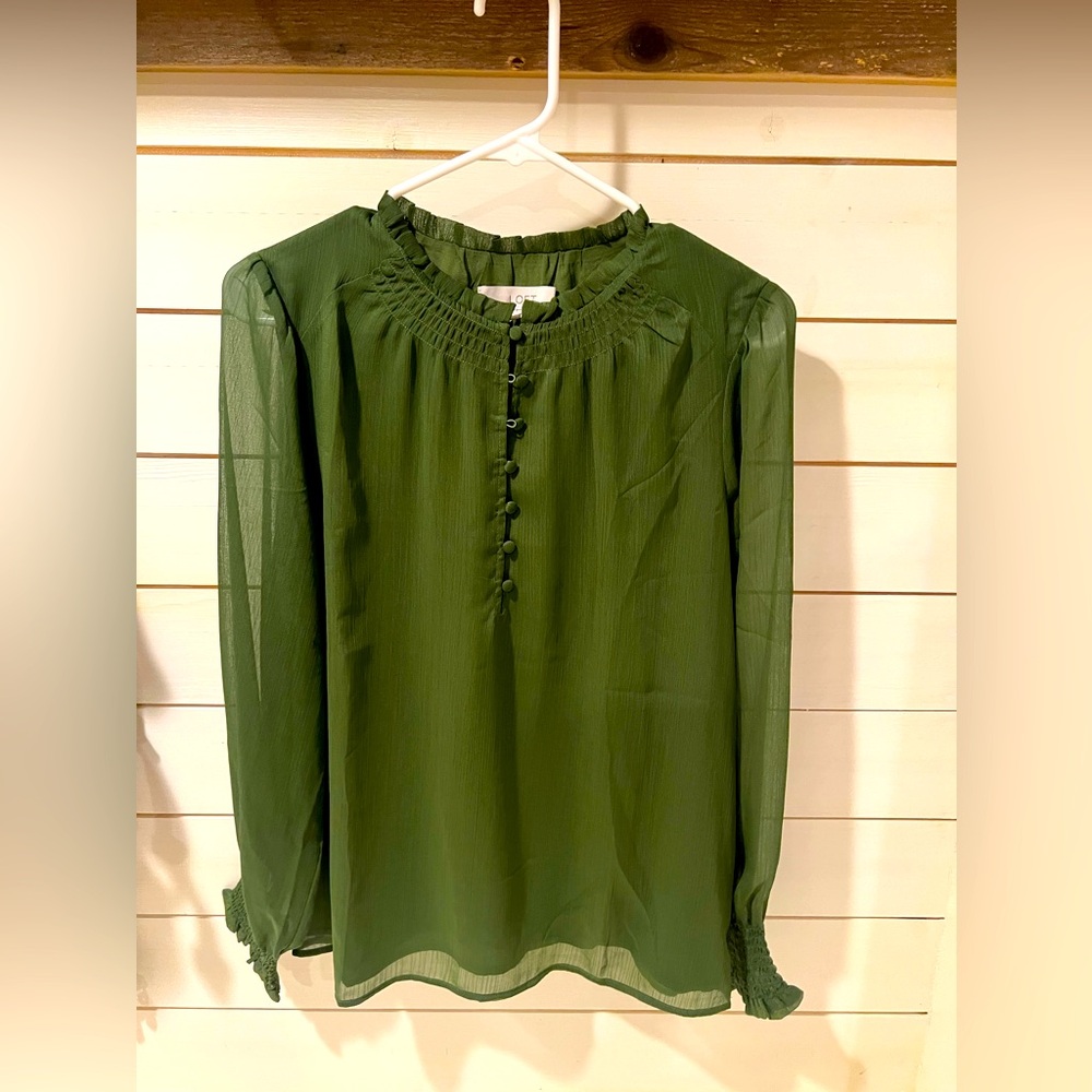 NWT LOFT green blouse with sheer sleeves, size S